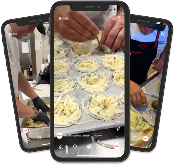 Three mobile phones displaying social media videos from Land O'Lakes Foodservice